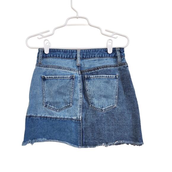 Y2K Vintage Pacsun Patchwork Denim Mini Skirt Blue Cotton Raw Hem Size 25 - Picture 2 of 11